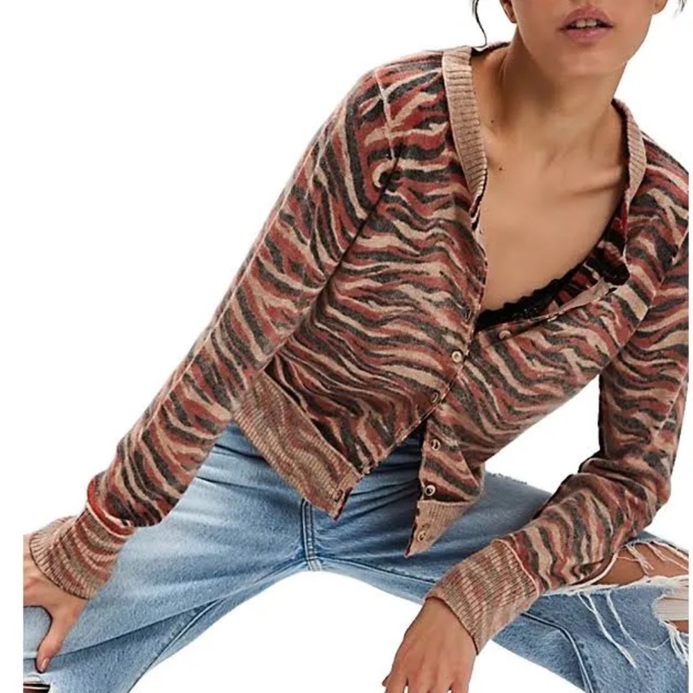Free People Multi-Tone Zebra Print Cardigan in Rust, Olive & Cream